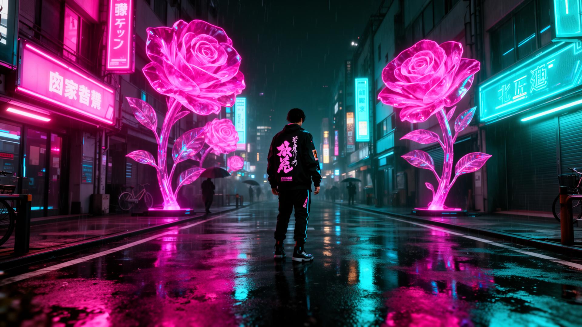 Tokyo neon streets with holographic roses